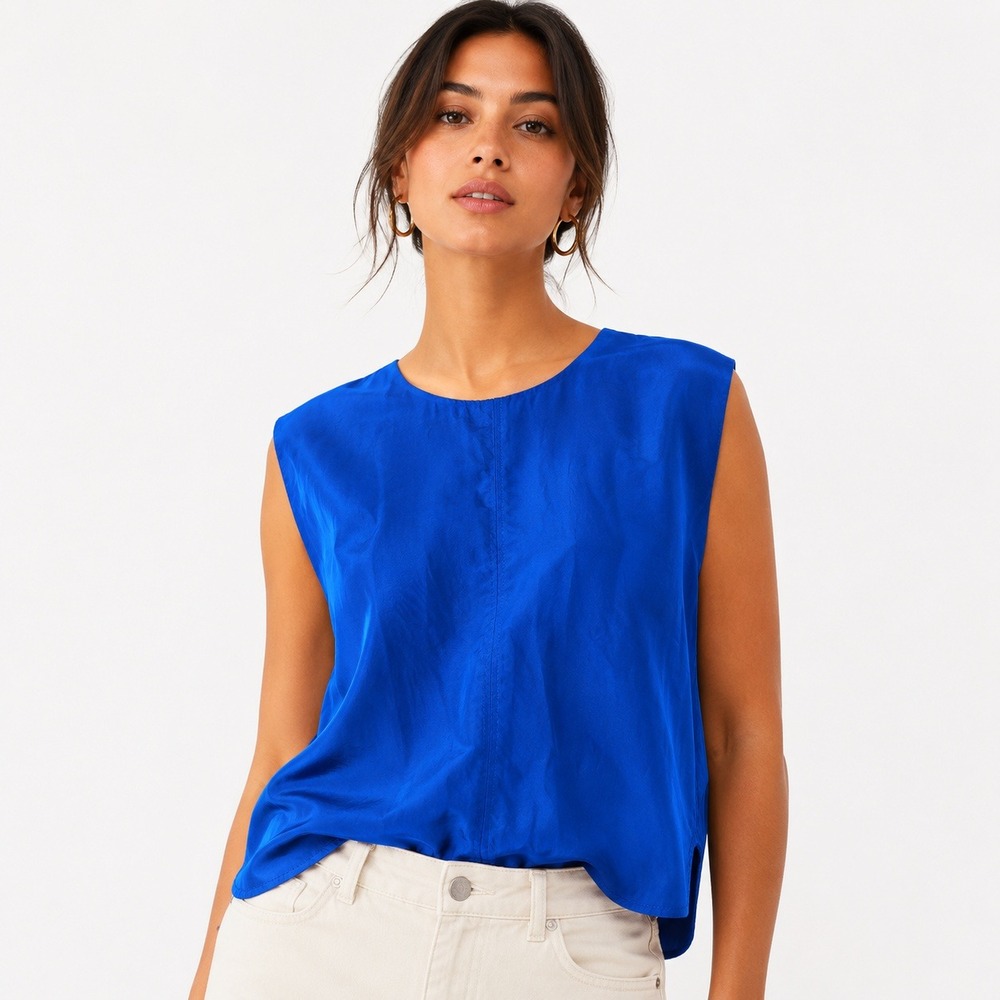 COS Sleeveless Blouse Womens Royal Blue Satin Finish Round Neck Zip Back Size 6